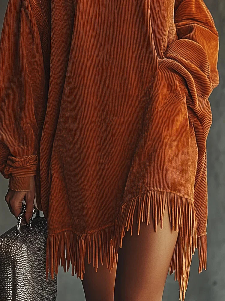 Valeria | Vestido de pana naranja con borlas