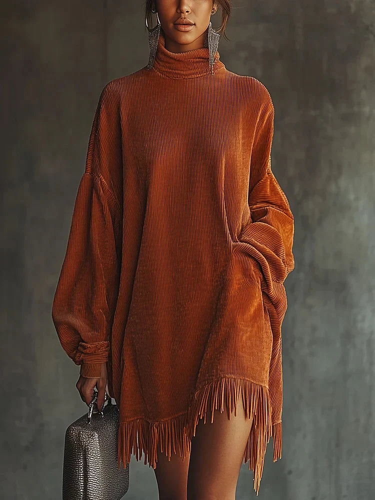 Valeria | Vestido de pana naranja con borlas