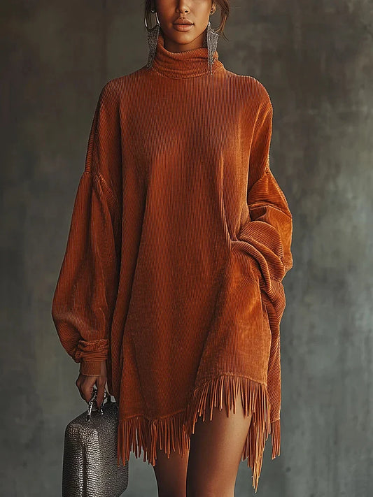 Valeria | Vestido de pana naranja con borlas