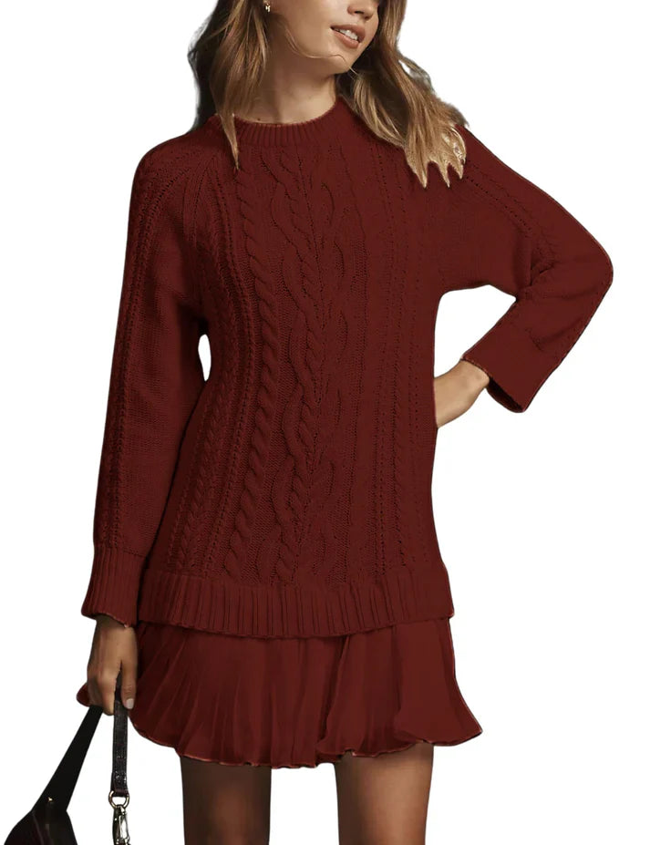 Olga - Jersey de cuello redondo con punto trenzado y minifalda