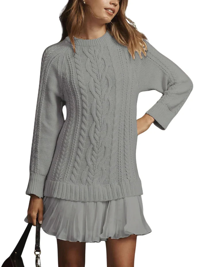 Olga - Jersey de cuello redondo con punto trenzado y minifalda