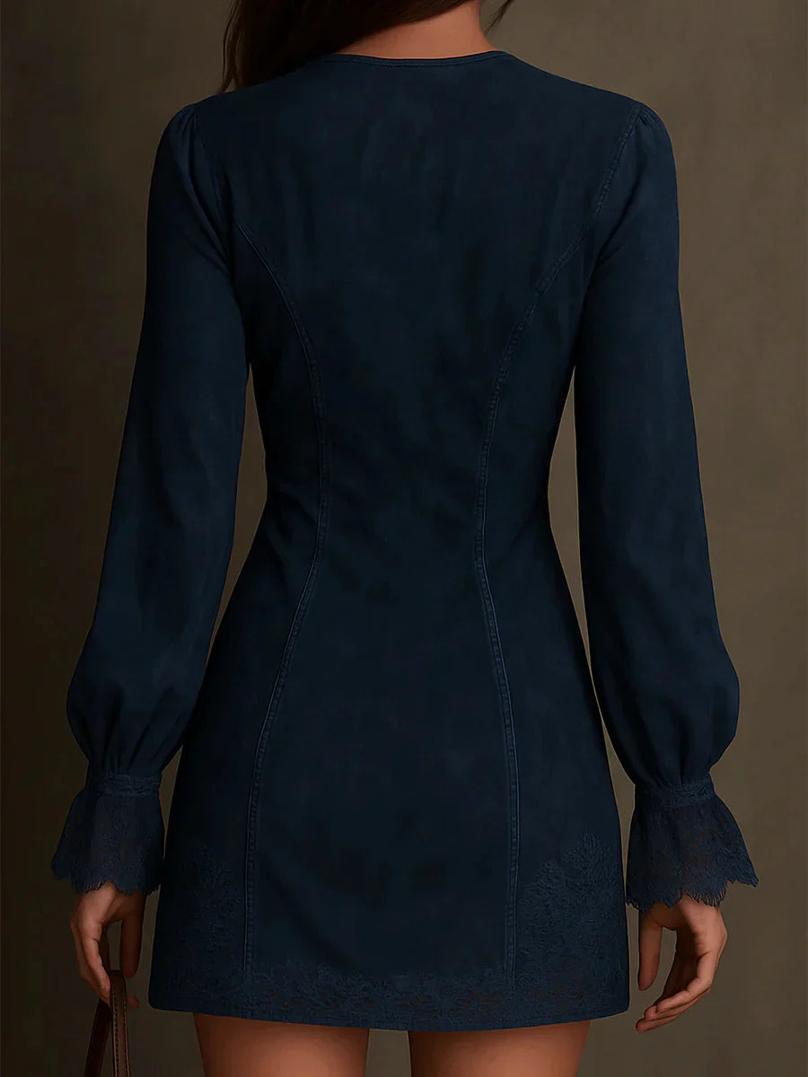 Bruna - Minivestido vintage de ante con ribete de encaje