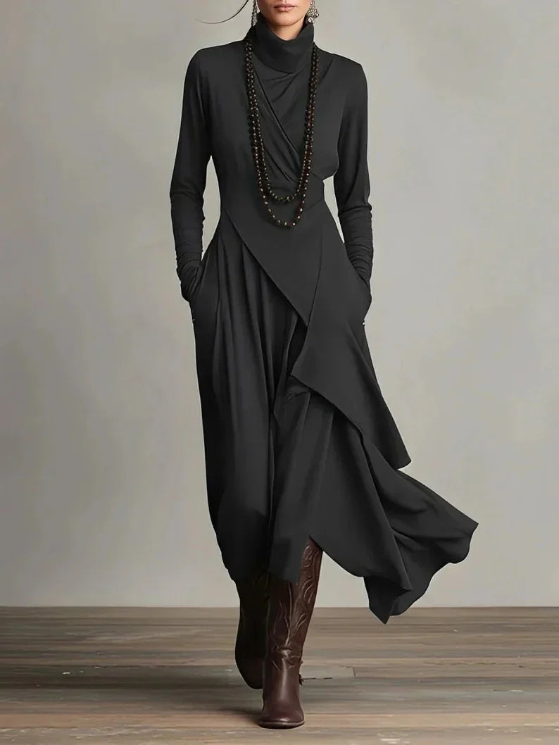 Nerea – Vestido maxi de cuello alto con diseño asimétrico