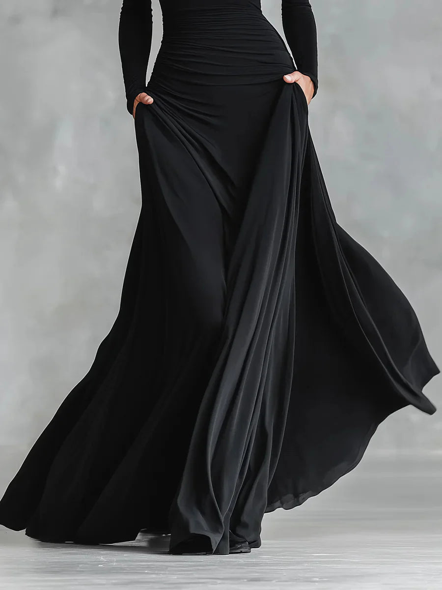 Noa – Vestido largo de crepé con pliegues y cuello barco