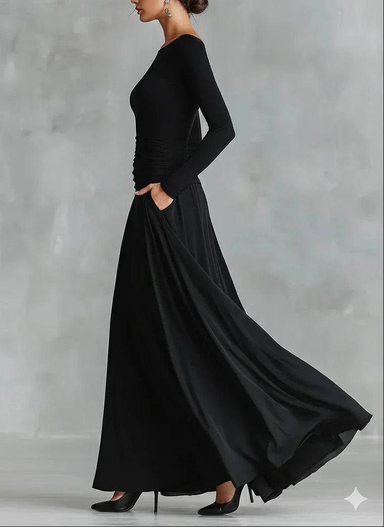 Noa – Vestido largo de crepé con pliegues y cuello barco