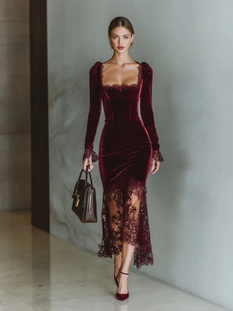 Magnolia – Vestido largo de terciopelo con encaje