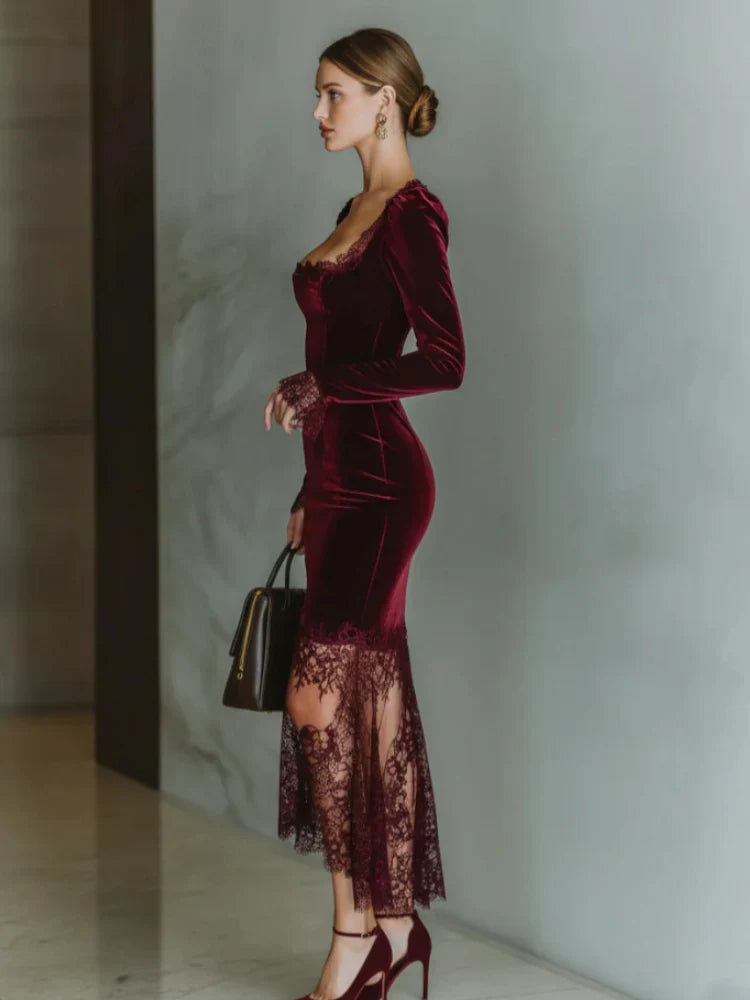 Magnolia – Vestido largo de terciopelo con encaje