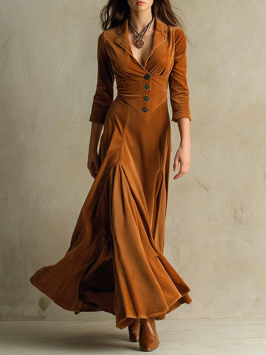 Fiona / Vestido largo de terciopelo con cuello de traje retro elegante marrón
