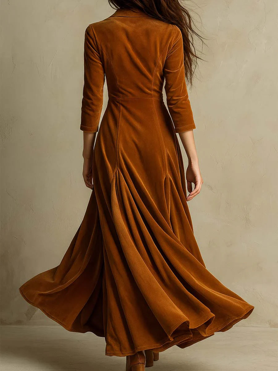Fiona / Vestido largo de terciopelo con cuello de traje retro elegante marrón