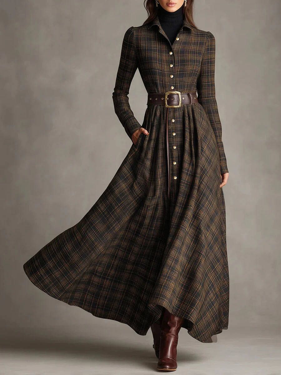 Francesca | Vestido camisero largo de botonadura sencilla con solapa a cuadros