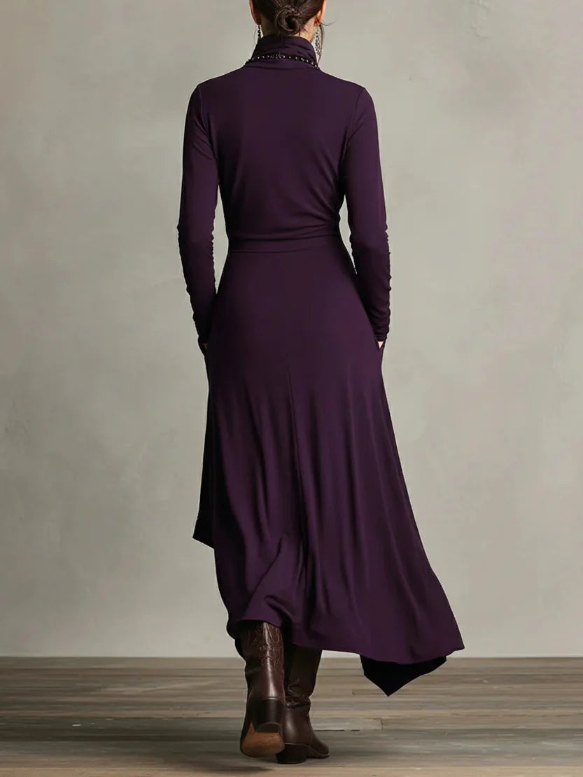 Nerea – Vestido maxi de cuello alto con diseño asimétrico