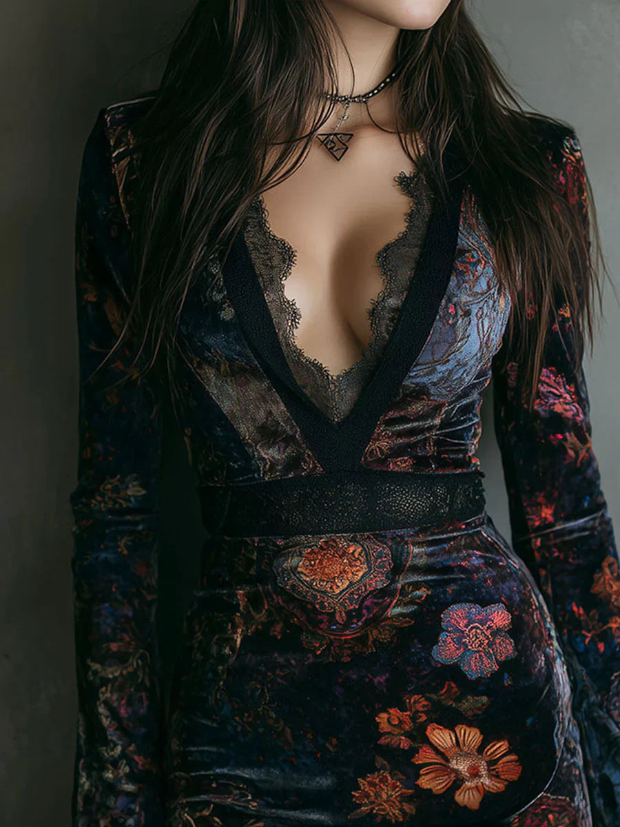 Estefanía | Vestido mini de terciopelo con encaje y estampado floral