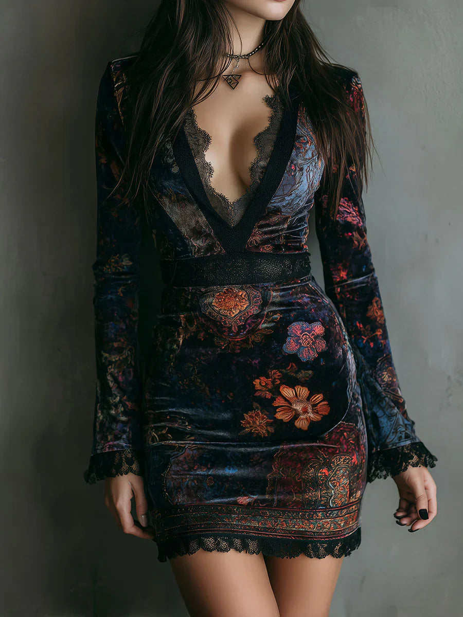 Estefanía | Vestido mini de terciopelo con encaje y estampado floral