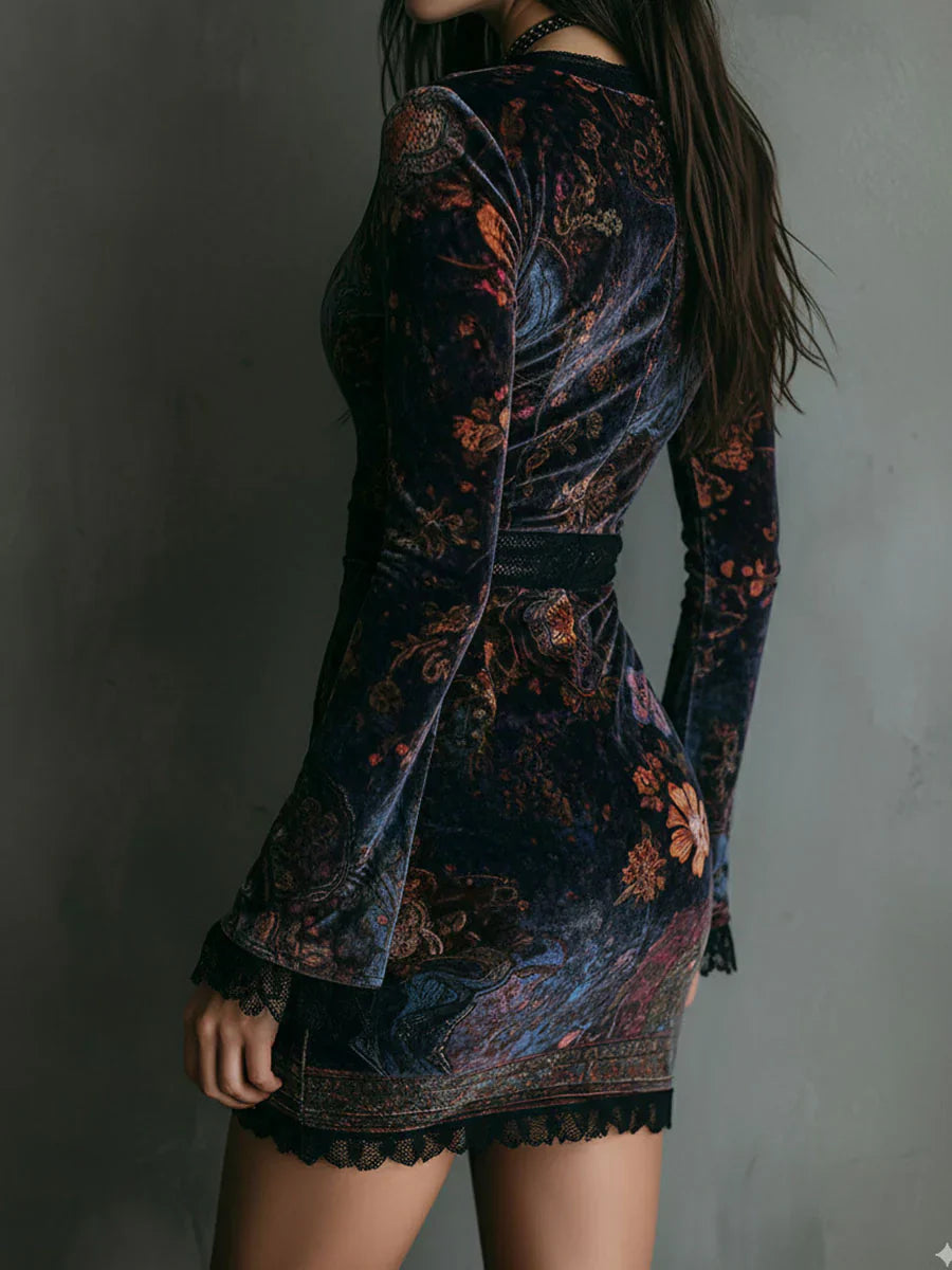 Estefanía - Vestido mini de terciopelo con encaje y estampado floral