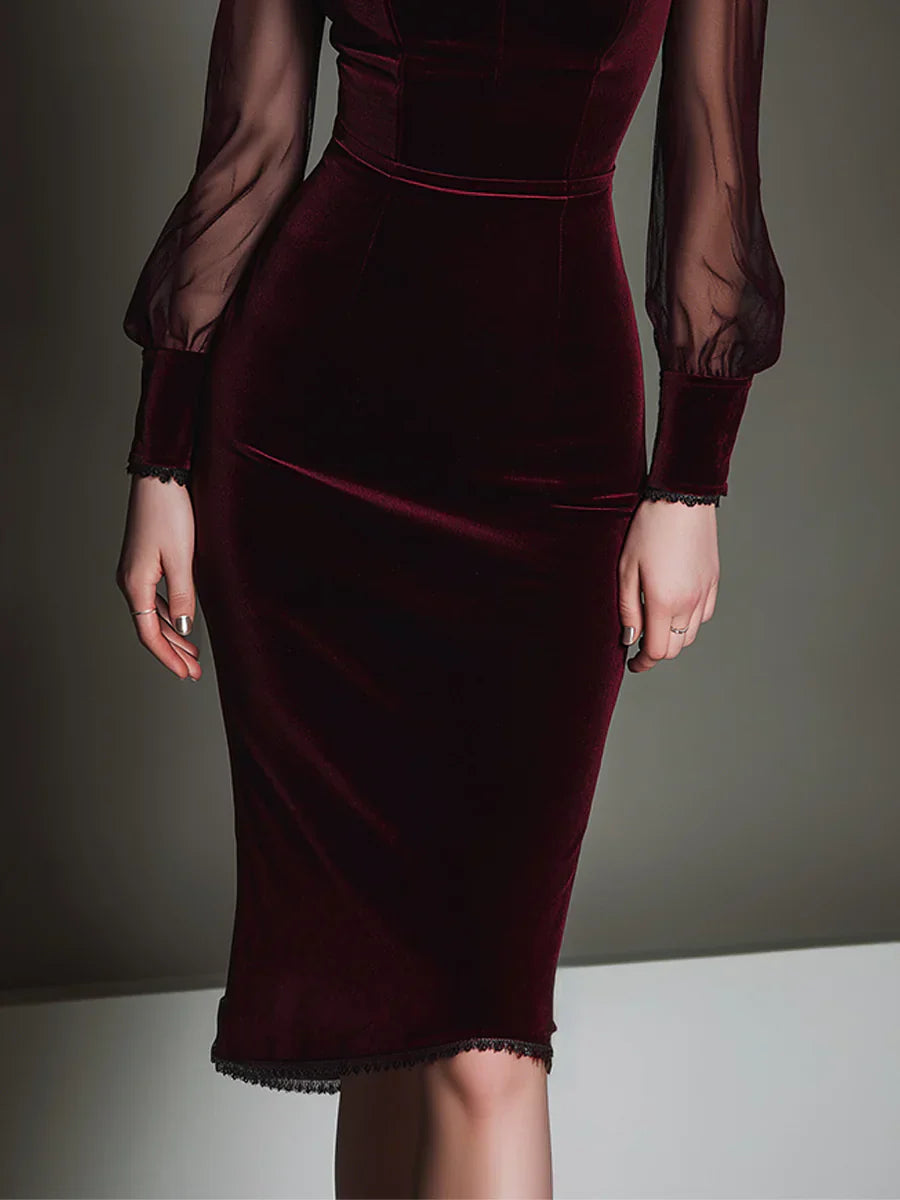 Carlota – Vestido midi con escote corazón y terciopelo burdeos