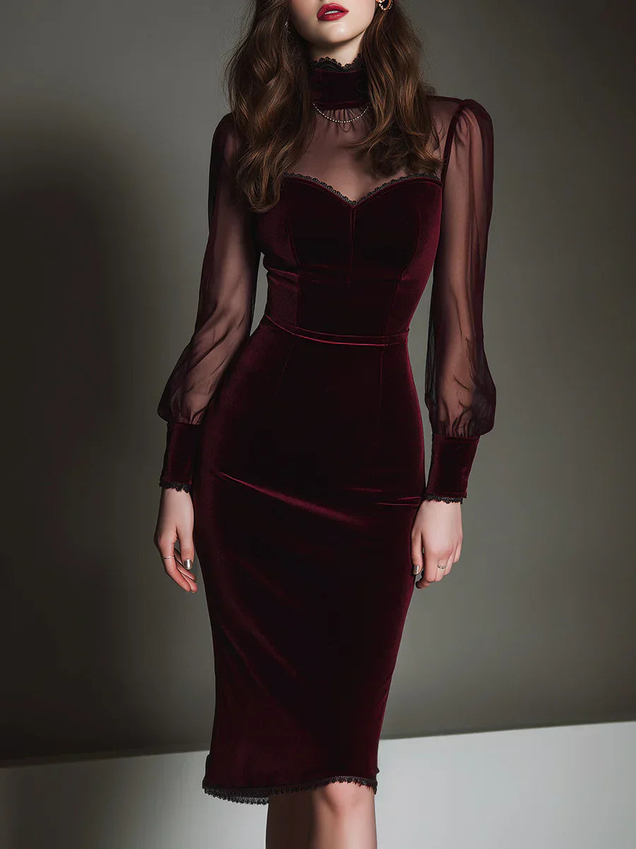 Carlota – Vestido midi con escote corazón y terciopelo burdeos