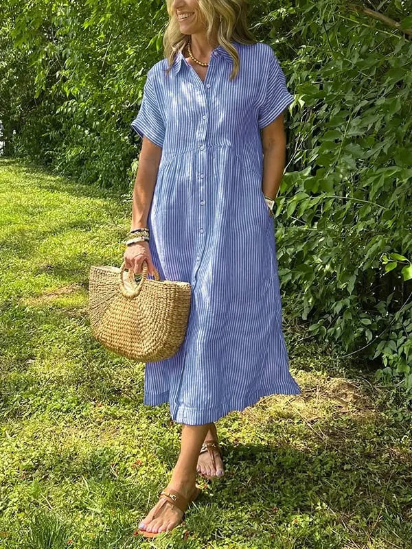 Sara™ – Vestido camisero de rayas con corte relajado y bolsillos laterales