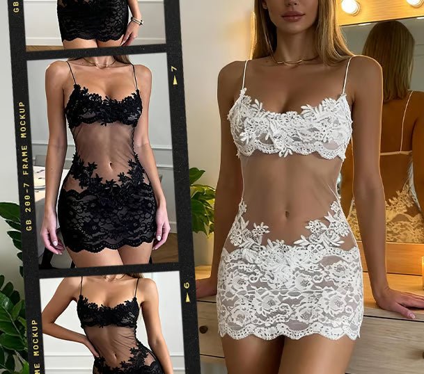 Olivia – Conjunto lencero de encaje y malla