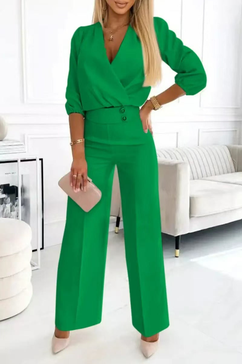 Alessa - Conjunto de top y pantalón con cuello en V