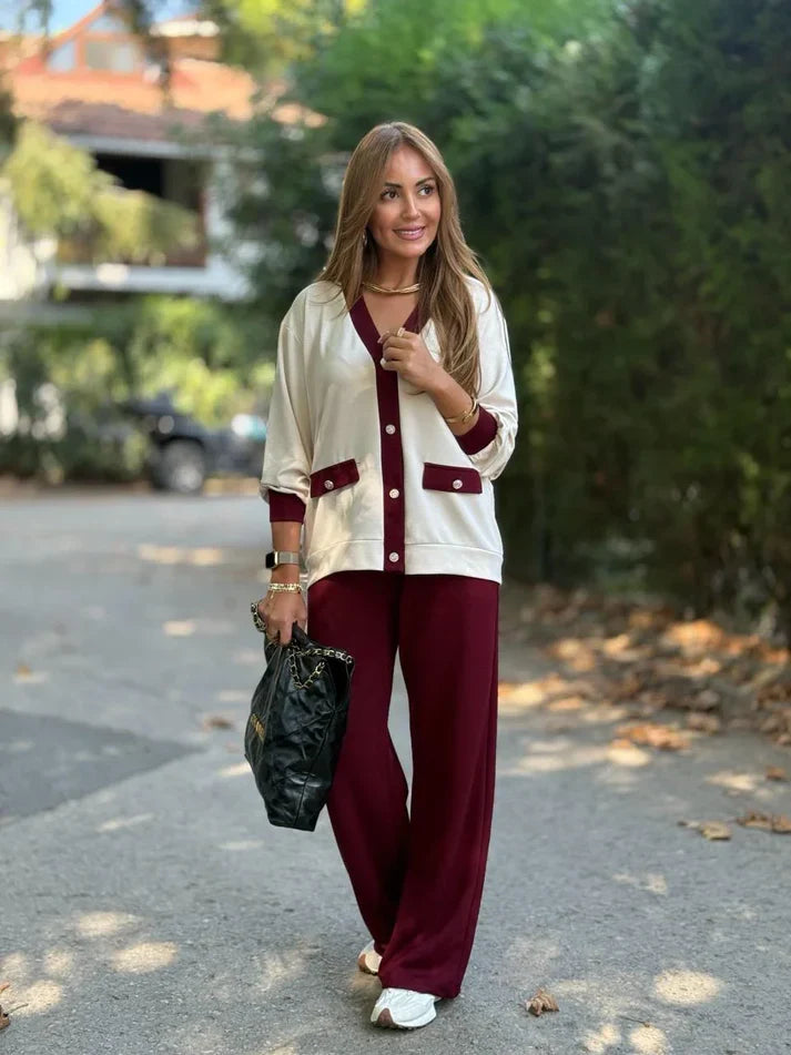 Tamara - Conjunto modal con cárdigan de contraste y pantalón amplio