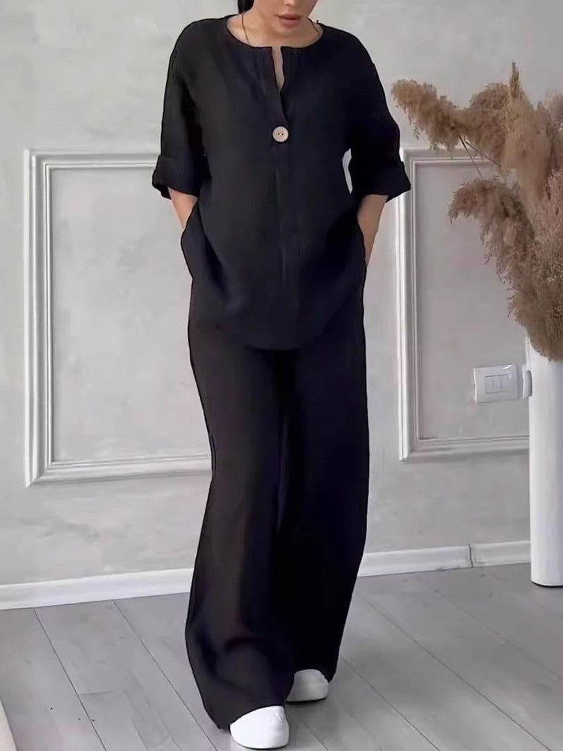 Mireya - Conjunto fluido de dos piezas con botón decorativo