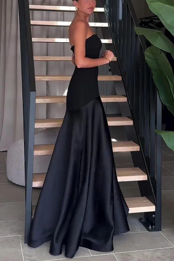 Maitena - Vestido largo sin tirantes con falda de satén