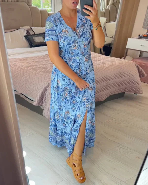 Valeria™ Vestido largo floral con escote en V, manga corta y vuelo amplio