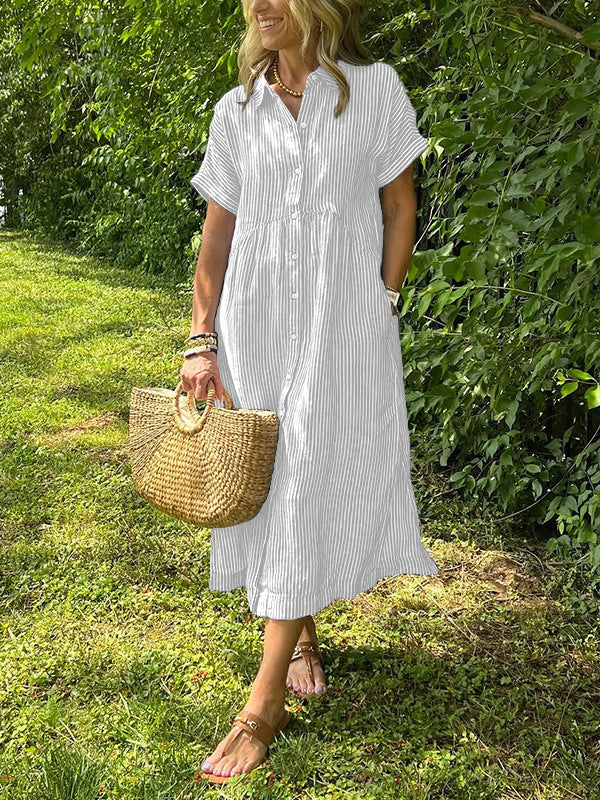 Sara™ – Vestido camisero de rayas con corte relajado y bolsillos laterales
