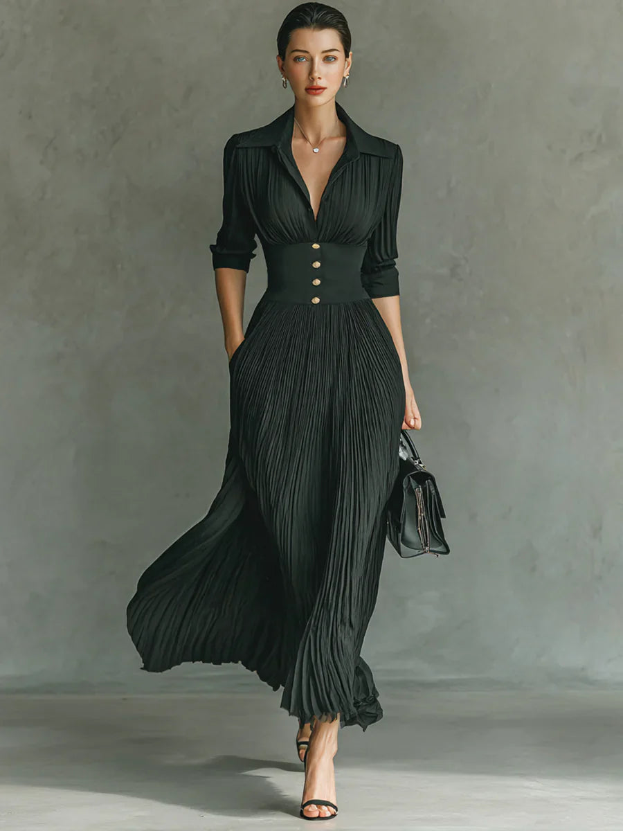 Jade / Vestido largo plisado con solapa y cintura entallada