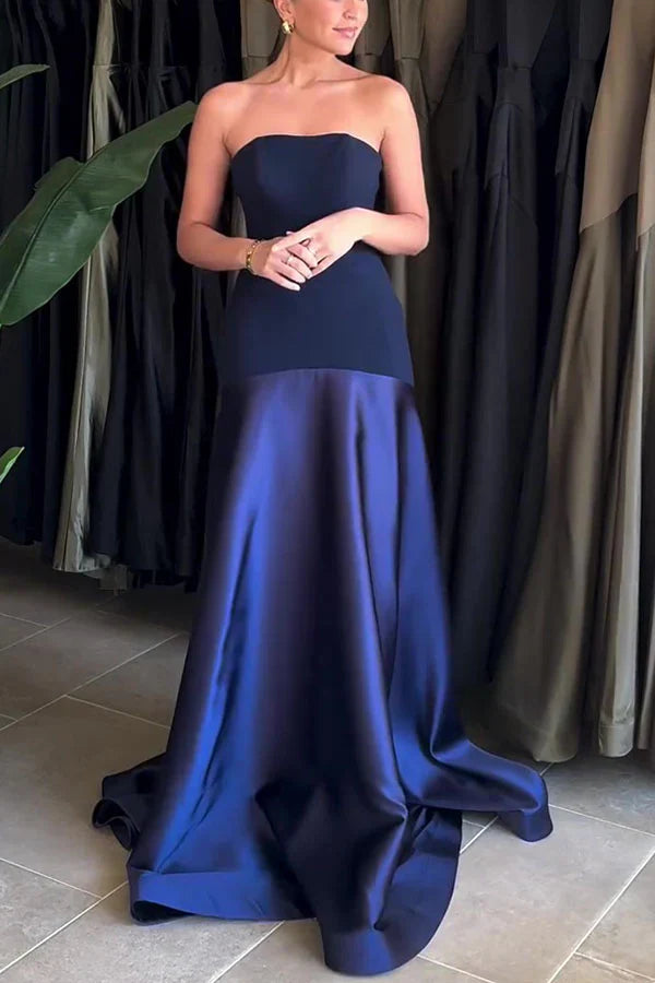 Maitena - Vestido largo sin tirantes con falda de satén