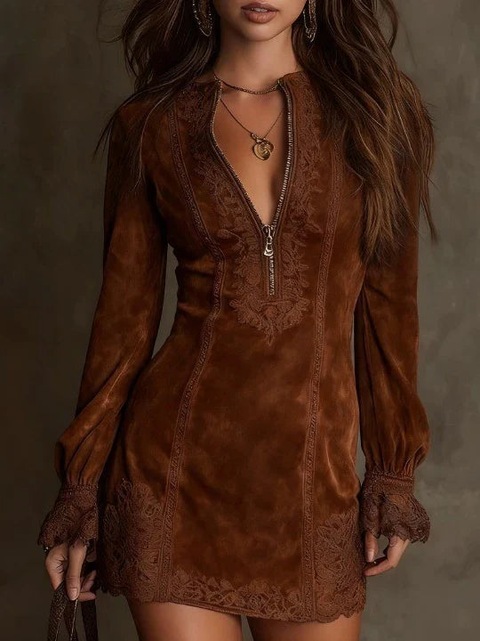 Bruna - Minivestido vintage de ante con ribete de encaje