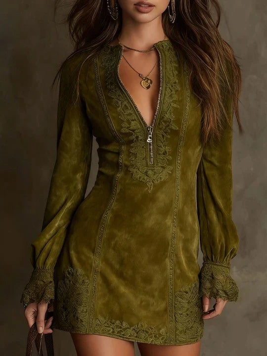 Bruna | Minivestido vintage de ante con ribete de encaje