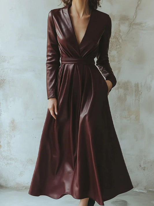 Vera - Vestido efecto cuero burdeos elegante
