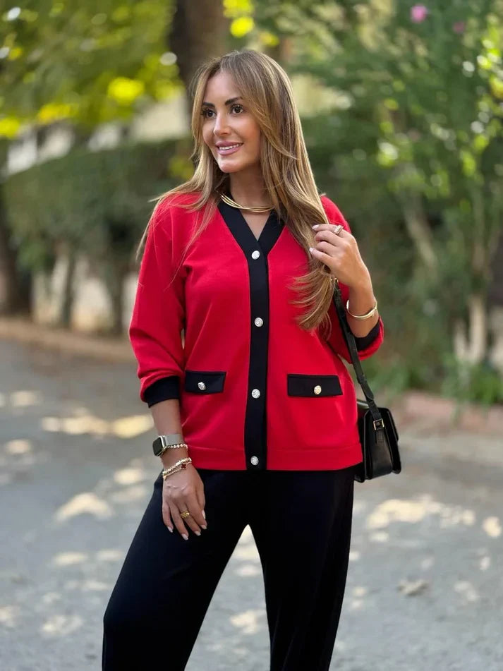 Tamara - Conjunto modal con cárdigan de contraste y pantalón amplio