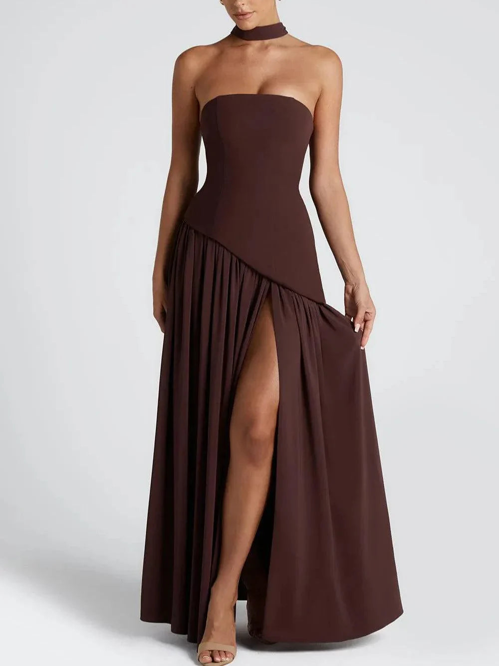 Mia - Vestido largo con cinta y abertura sin tirantes