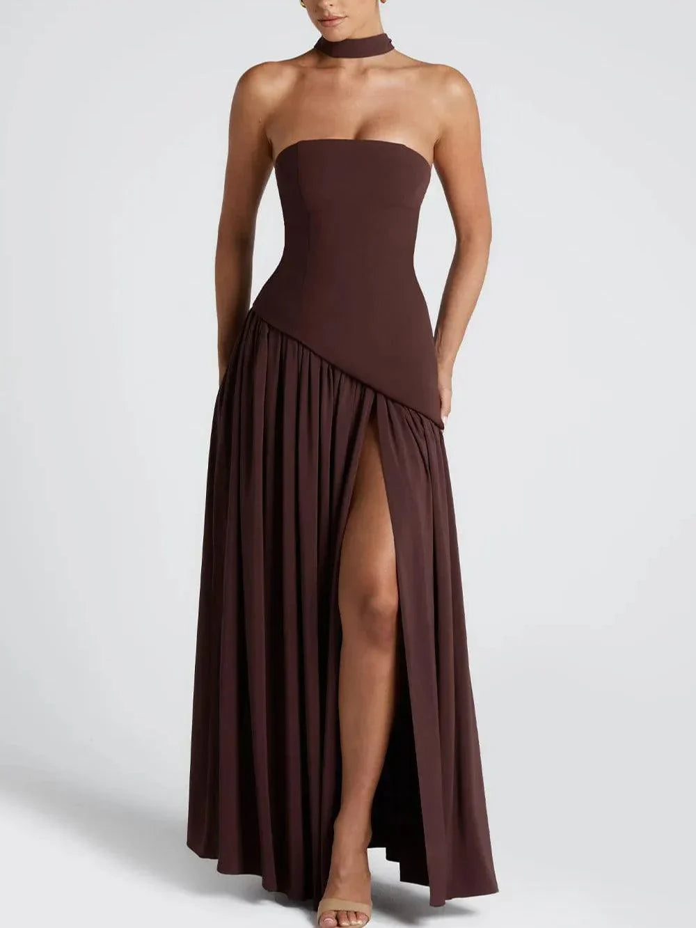 Mia - Vestido largo con cinta y abertura sin tirantes
