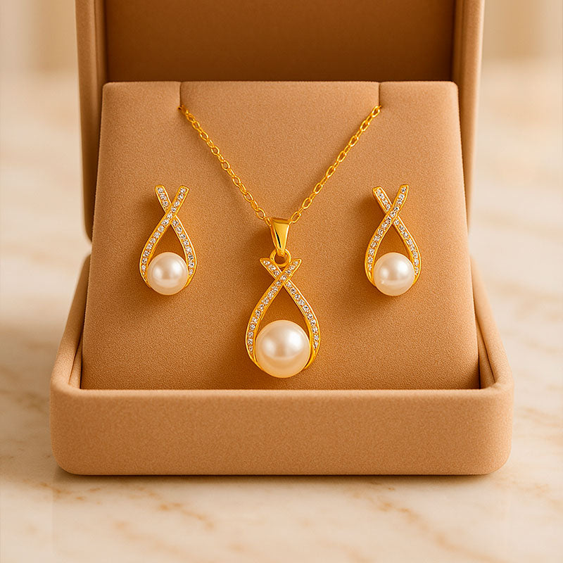 Perla - conjunto collar y pendientes bañado en oro