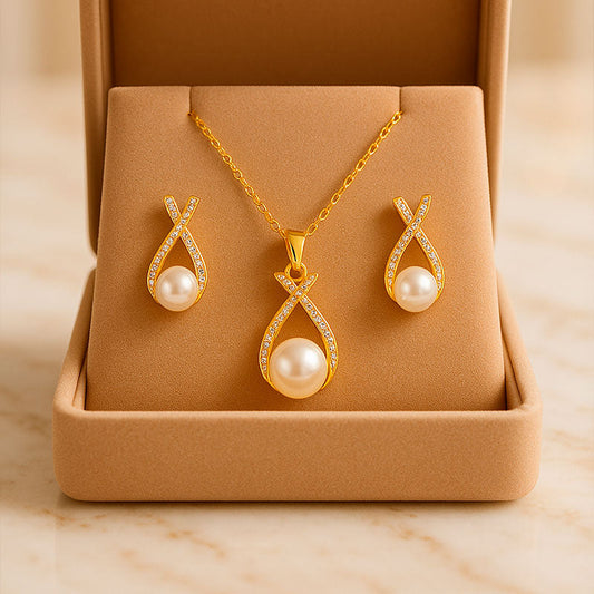 Perla - conjunto collar y pendientes bañado en oro