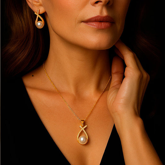 Perla | Conjunto Collar y Pendientes Bañado en Oro