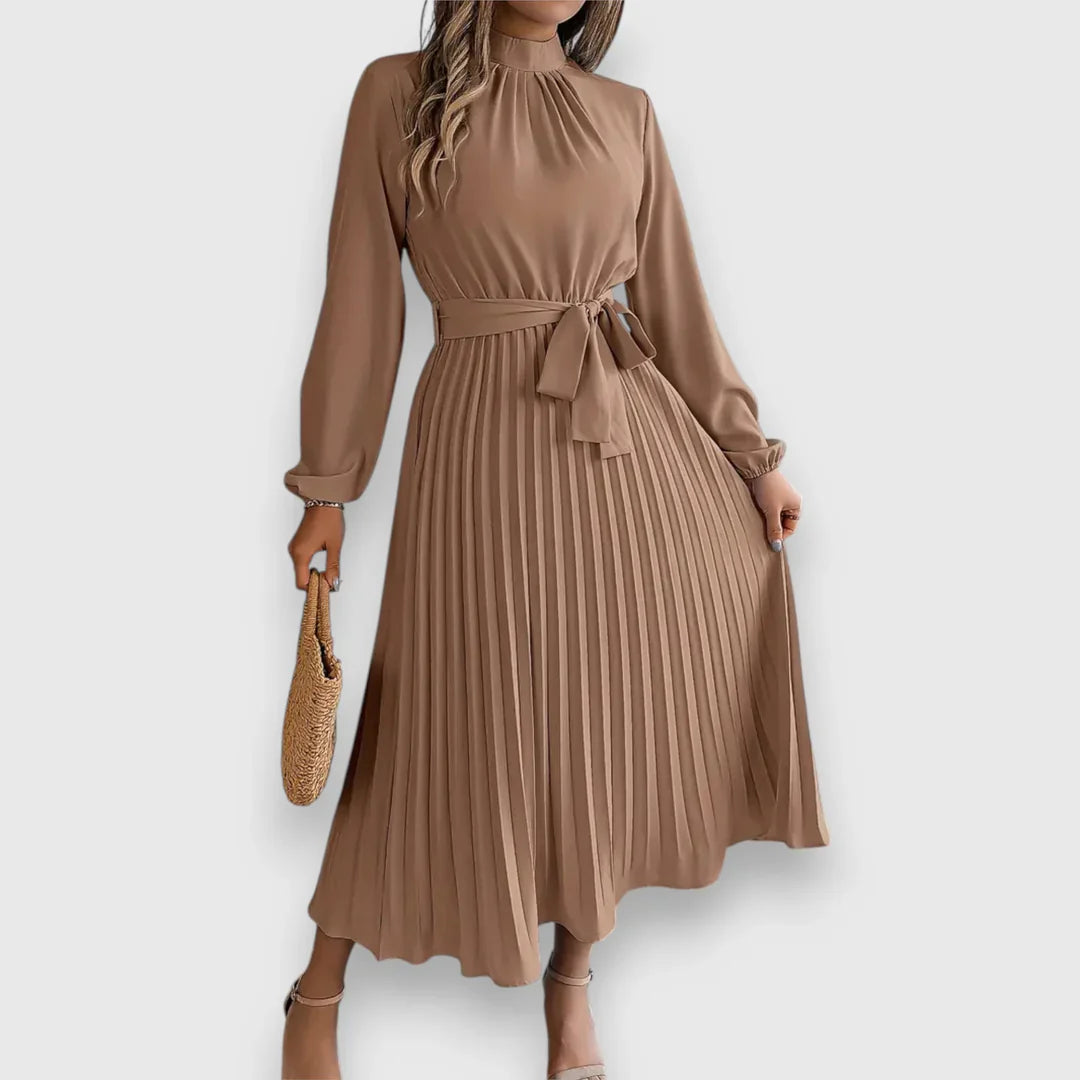Valeria™ – Vestido midi plisado con lazo y cuello alto