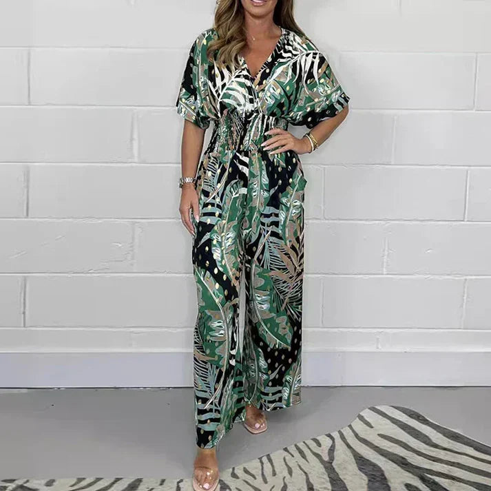 Isabela - Mono con estampado de hojas y cintura elástica