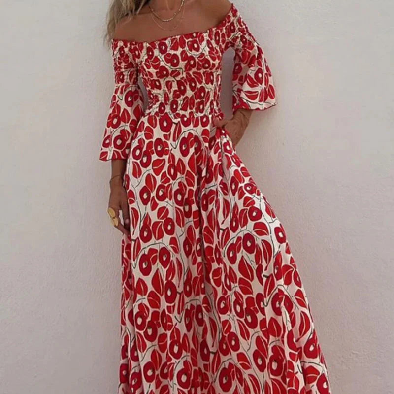 Martina™ Vestido largo con estampado floral, hombros descubiertos y mangas acampanadas