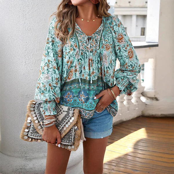 Celine - Blusa femenina de manga larga con cuello en V y estampado floral