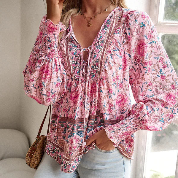 Celine - Blusa femenina de manga larga con cuello en V y estampado floral