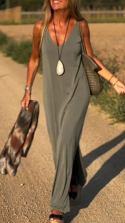 Silvia™ Vestido largo con escote en pico y tirantes finos