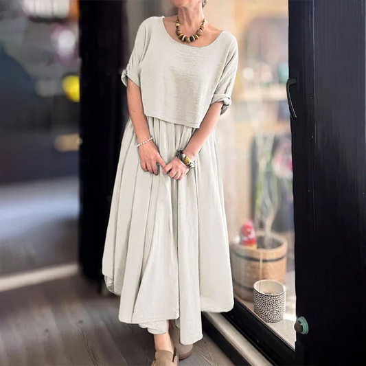 Vega™ Conjunto de dos piezas para mujer cómodo y elegante confeccionado en algodón y lino con blusa y falda de cuello redondo
