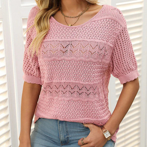 Carolina - Jersey de punto calado con cuello redondo y manga corta