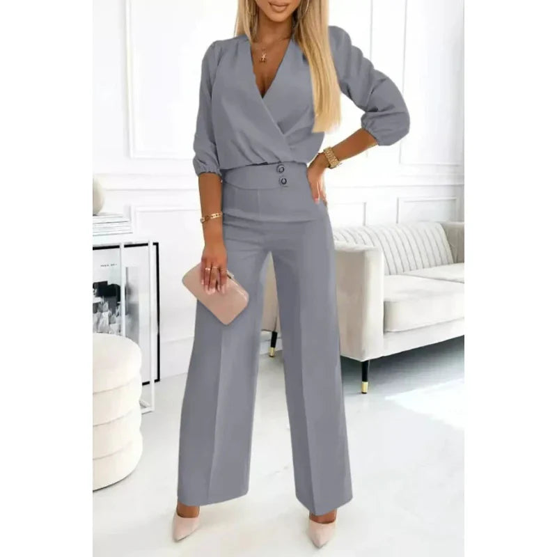 Alessa - Conjunto de top y pantalón con cuello en V