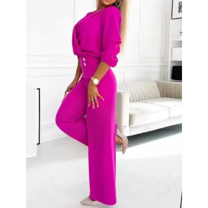 Alessa - Conjunto de top y pantalón con cuello en V