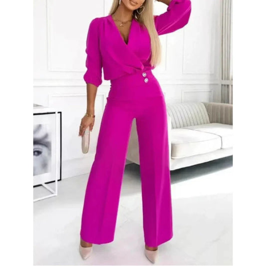 Alessa - Conjunto de top y pantalón con cuello en V